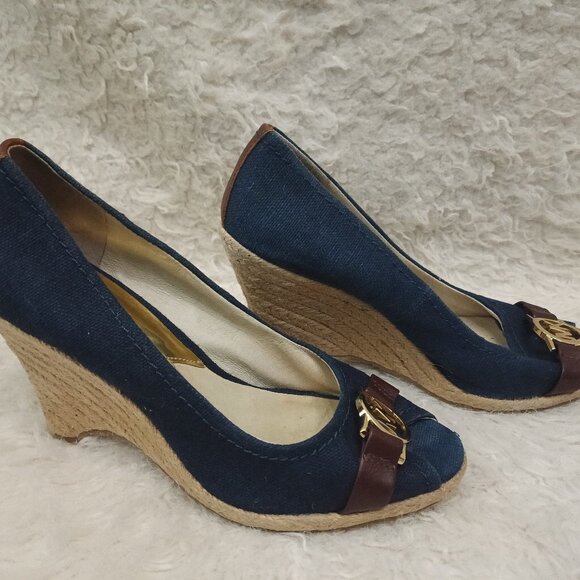 Michael Kors Women's Blue Gold MK Espadrille Wedge Peep Toe Sandals  6 1/2M - Picture 11 of 11